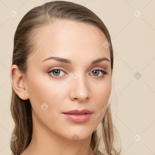 Neutral white young-adult female with long  brown hair and brown eyes