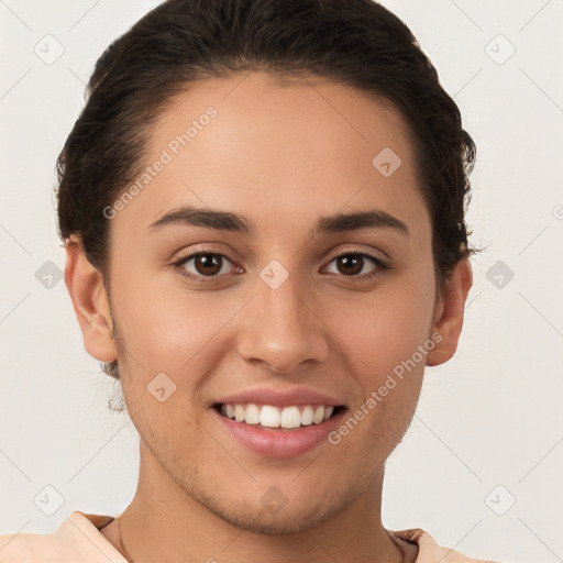 Joyful white young-adult female with short  brown hair and brown eyes