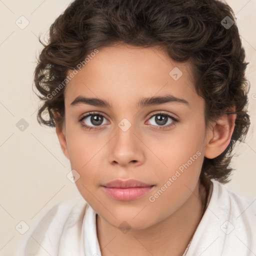 Joyful white child female with medium  brown hair and brown eyes