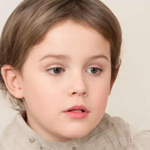 Neutral white child female with medium  brown hair and grey eyes