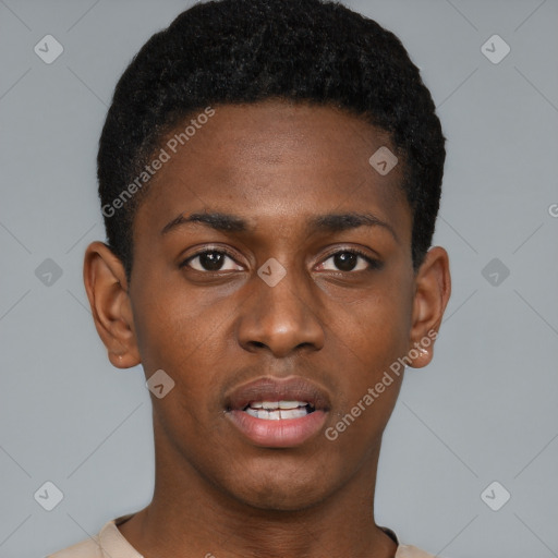 Neutral black young-adult male with short  black hair and brown eyes