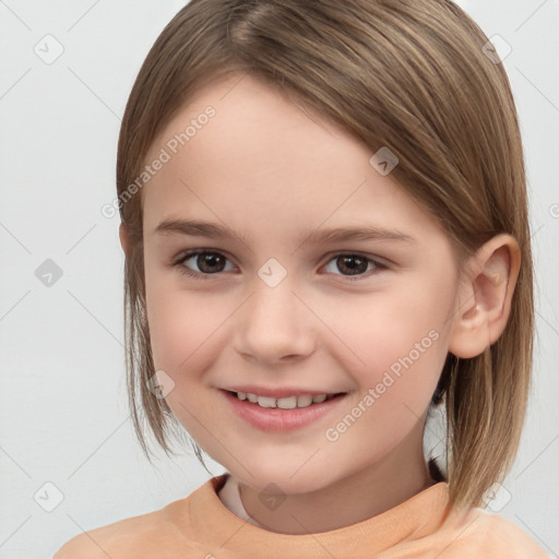 Joyful white child female with medium  brown hair and brown eyes