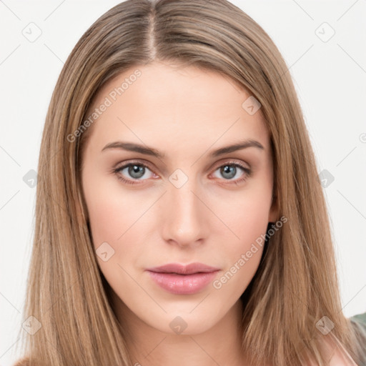 Neutral white young-adult female with long  brown hair and brown eyes