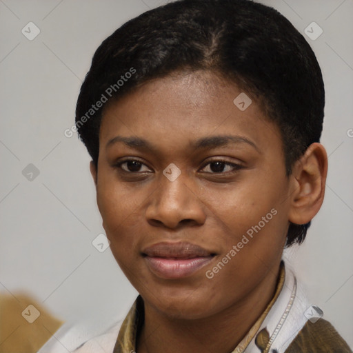 Joyful latino young-adult female with short  brown hair and brown eyes