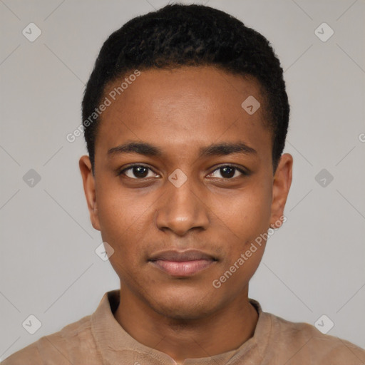 Neutral black young-adult male with short  black hair and brown eyes