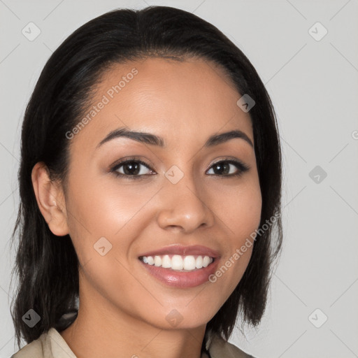 Joyful white young-adult female with long  brown hair and brown eyes