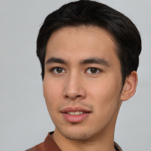 Neutral asian young-adult male with short  brown hair and brown eyes