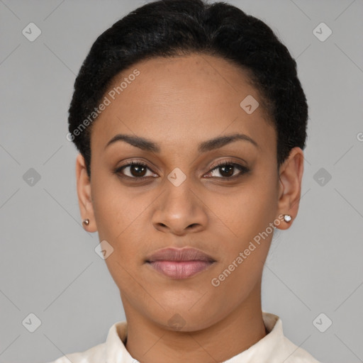 Joyful latino young-adult female with short  black hair and brown eyes