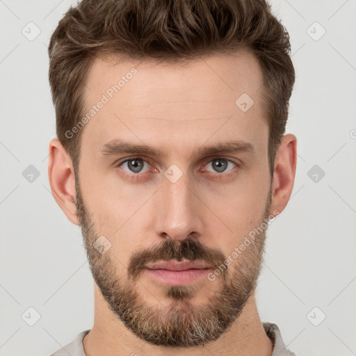 Neutral white young-adult male with short  brown hair and grey eyes