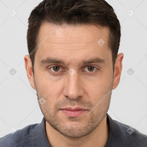 Neutral white adult male with short  brown hair and brown eyes