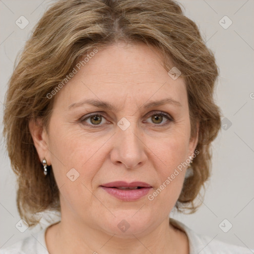 Joyful white adult female with medium  brown hair and grey eyes