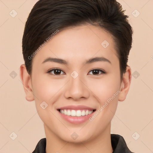 Joyful white young-adult female with short  brown hair and brown eyes