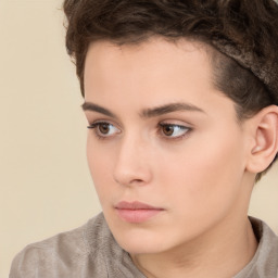 Neutral white young-adult female with short  brown hair and brown eyes