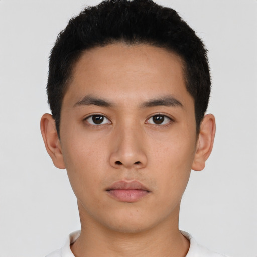 Neutral asian young-adult male with short  brown hair and brown eyes