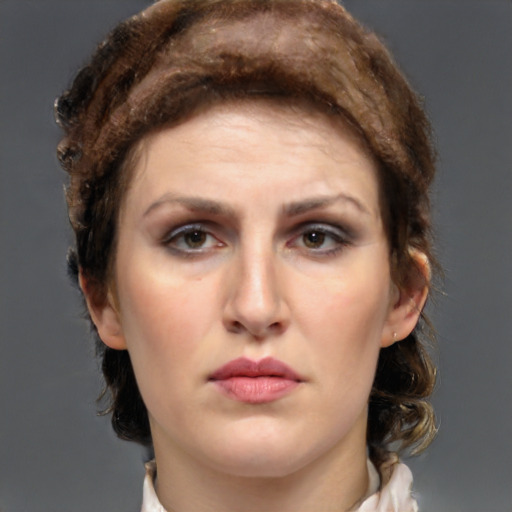 Neutral white young-adult female with short  brown hair and brown eyes