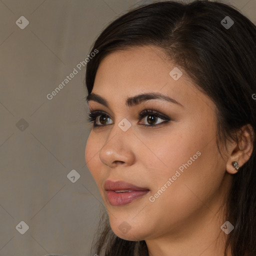 Neutral white young-adult female with long  brown hair and brown eyes