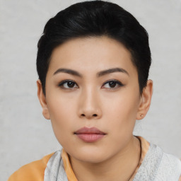 Neutral asian young-adult female with short  black hair and brown eyes