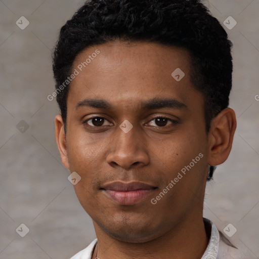 Neutral black young-adult male with short  black hair and brown eyes