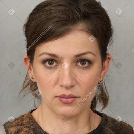 Neutral white young-adult female with medium  brown hair and brown eyes