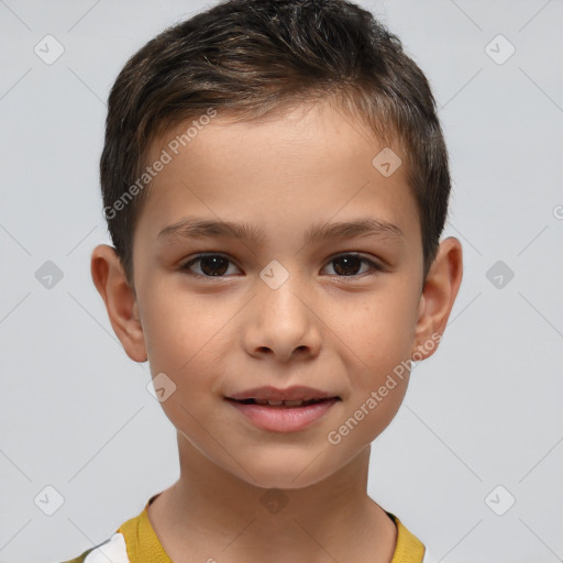 Joyful white child male with short  brown hair and brown eyes