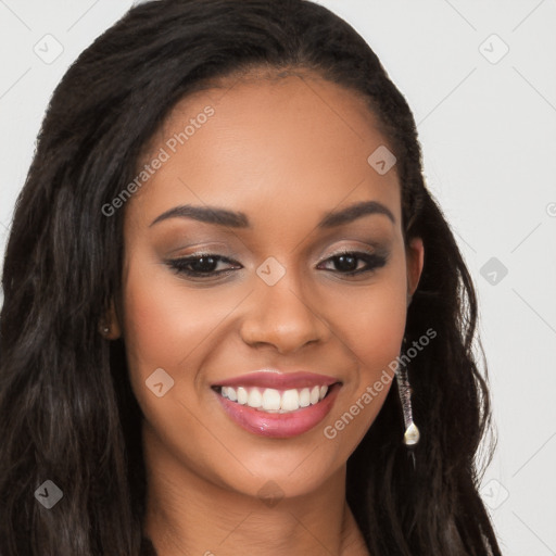 Joyful latino young-adult female with long  brown hair and brown eyes