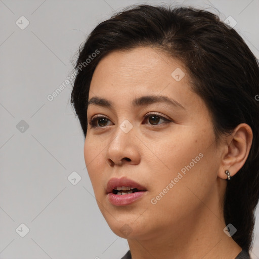 Neutral white young-adult female with medium  brown hair and brown eyes