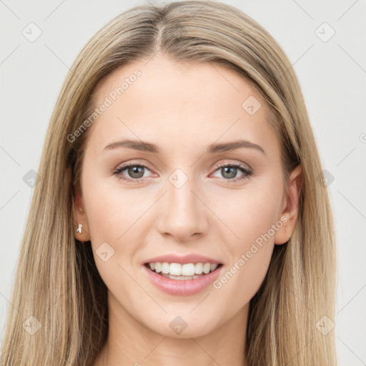 Joyful white young-adult female with long  brown hair and grey eyes