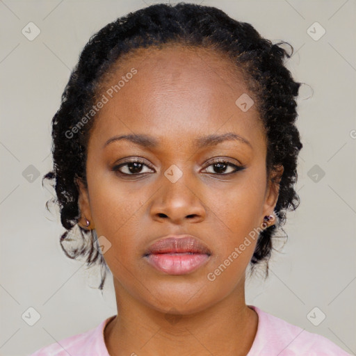 Neutral black young-adult female with medium  brown hair and brown eyes