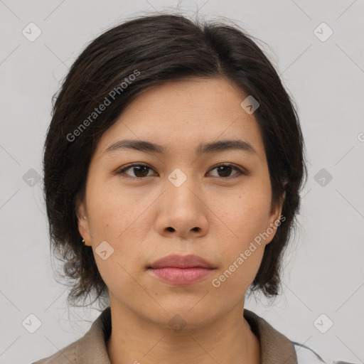 Neutral asian young-adult female with medium  brown hair and brown eyes