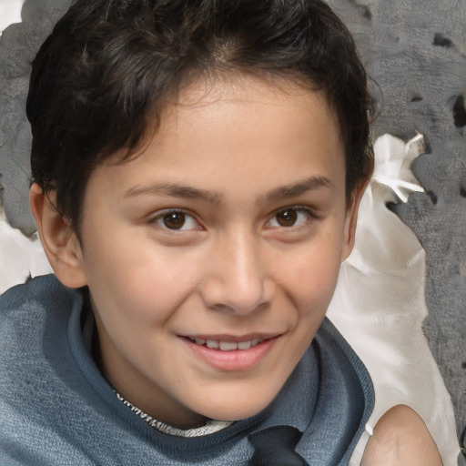 Joyful white child female with short  brown hair and brown eyes