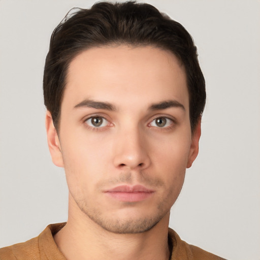 Neutral white young-adult male with short  brown hair and brown eyes