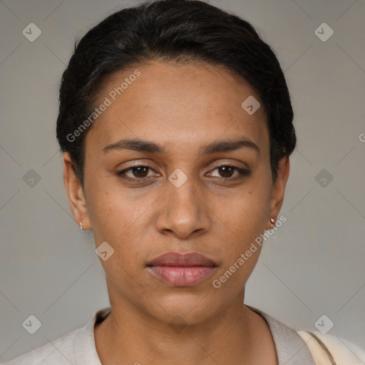 Neutral latino young-adult female with short  black hair and brown eyes