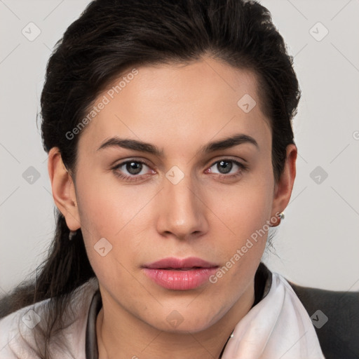 Neutral white young-adult female with short  brown hair and brown eyes