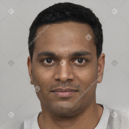 Neutral black young-adult male with short  black hair and brown eyes