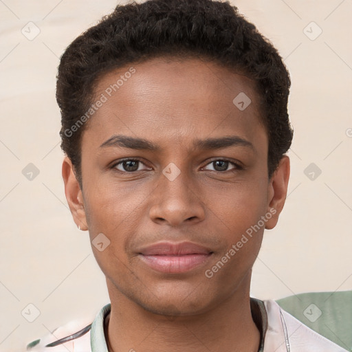 Joyful black young-adult female with short  brown hair and brown eyes