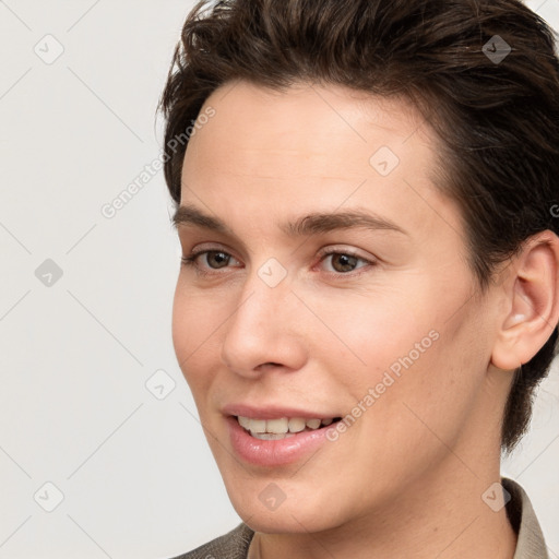 Joyful white young-adult female with medium  brown hair and brown eyes