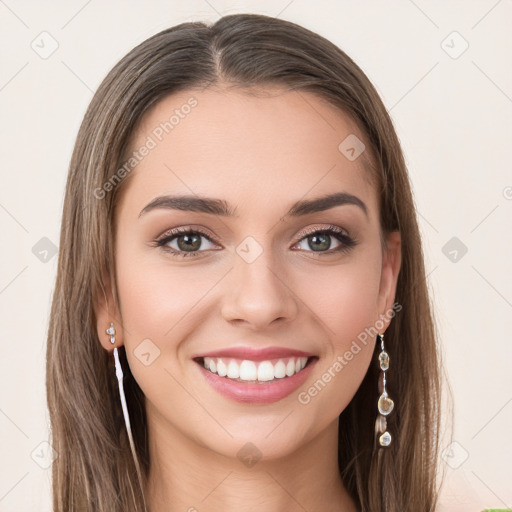 Joyful white young-adult female with long  brown hair and green eyes