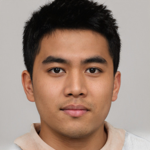 Neutral asian young-adult male with short  brown hair and brown eyes