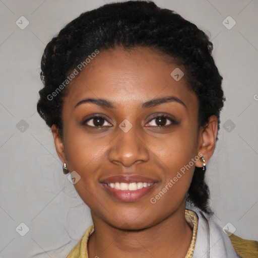 Joyful latino young-adult female with short  black hair and brown eyes