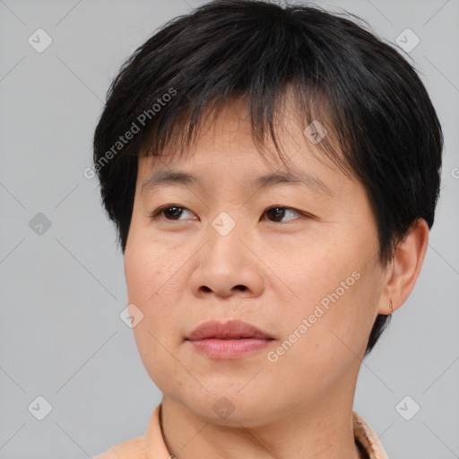 Joyful asian young-adult female with short  brown hair and brown eyes