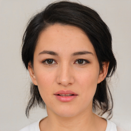 Neutral asian young-adult female with medium  black hair and brown eyes