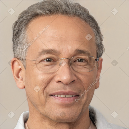 Joyful white middle-aged male with short  brown hair and brown eyes