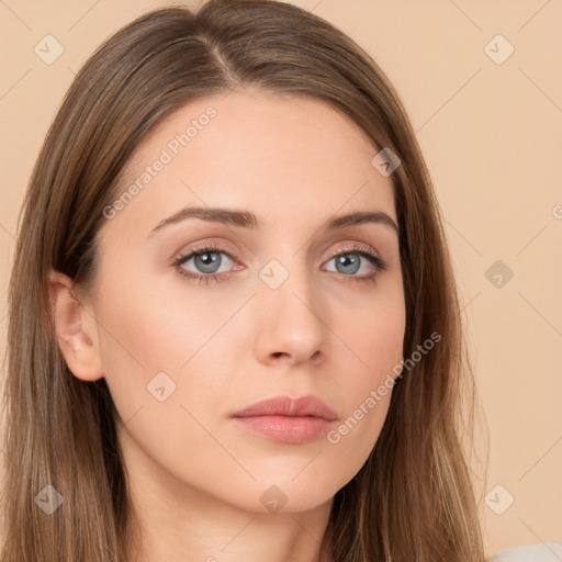 Neutral white young-adult female with long  brown hair and brown eyes