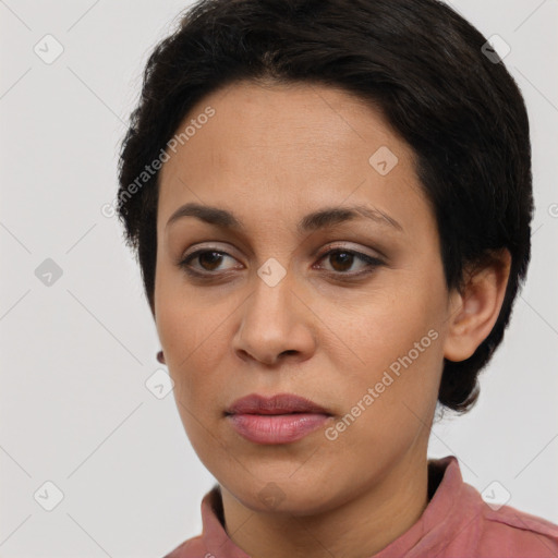 Joyful latino young-adult female with short  brown hair and brown eyes