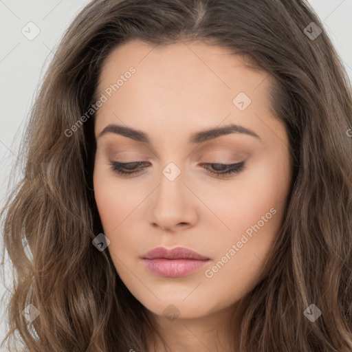 Neutral white young-adult female with long  brown hair and brown eyes