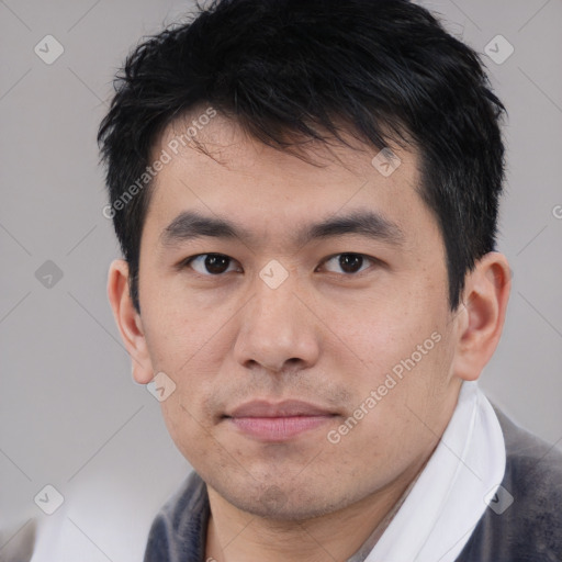 Neutral white young-adult male with short  black hair and brown eyes