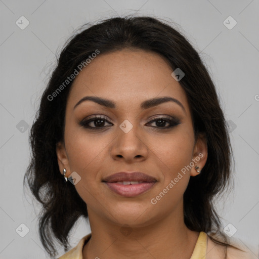 Joyful latino young-adult female with medium  brown hair and brown eyes