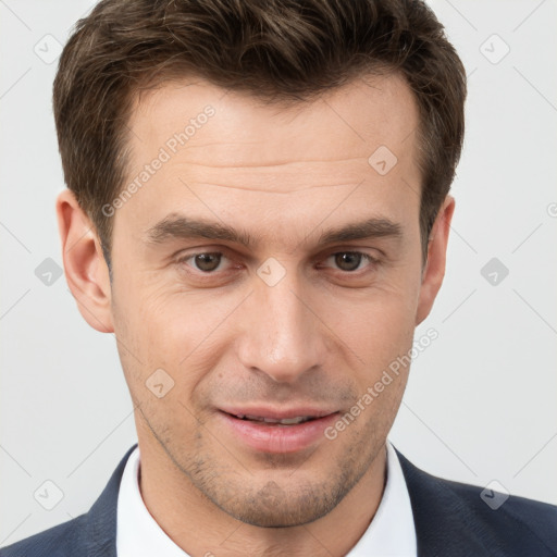 Joyful white young-adult male with short  brown hair and brown eyes