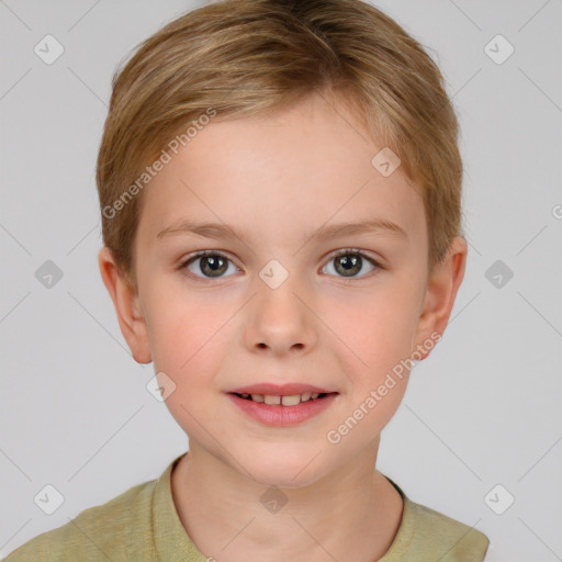 Joyful white child female with short  brown hair and grey eyes