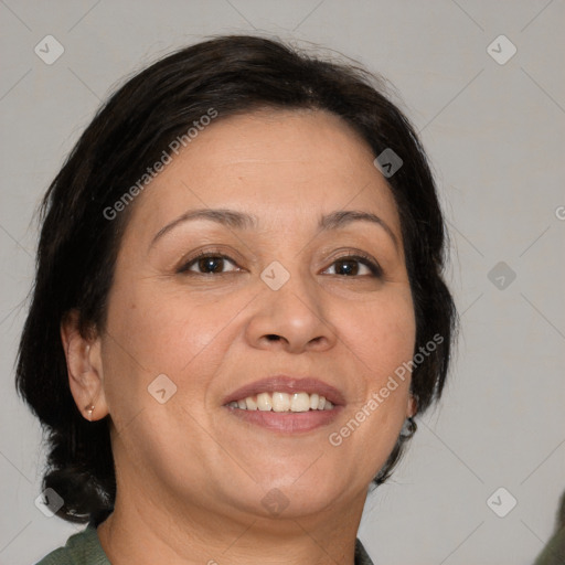 Joyful white adult female with medium  brown hair and brown eyes